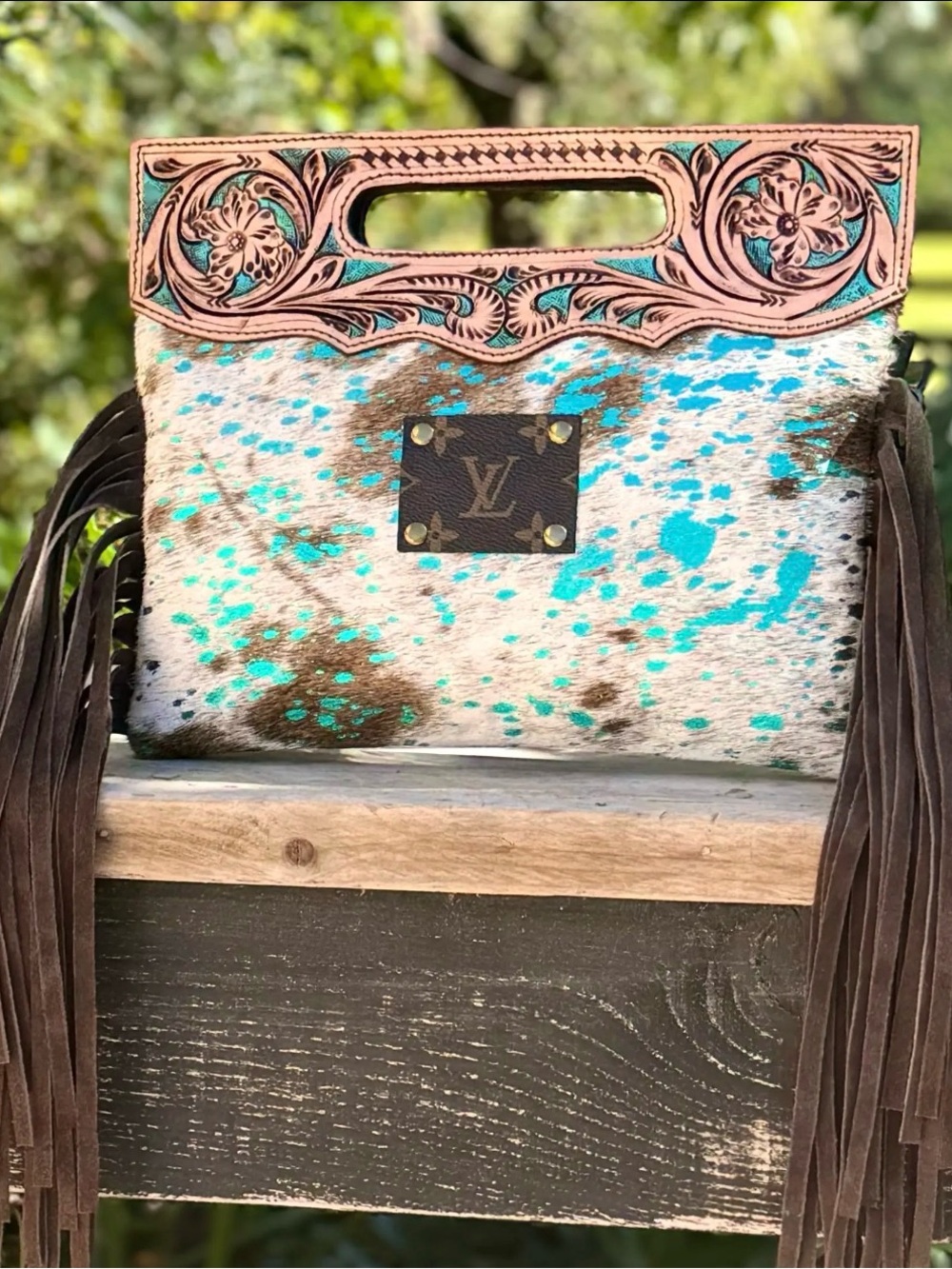 Up cycled Turquoise Speckled Cowhide Fringe Handbag. Custom made piece